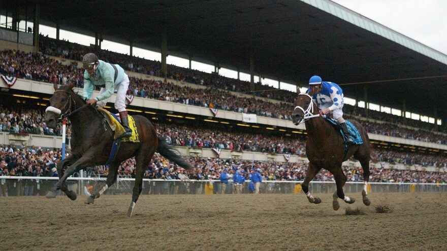 Birdstone (right), ridden by Edgar Prado, upsets horse Smarty Jones to win the Belmont Stakes in 2004. Smarty Jones was one of a dozen horses since 1978 to win the first two legs of the Triple Crown, only to lose at the Belmont.