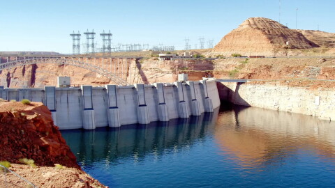 This view of Glen Canyon Dam on July 7, 2011, shows the effects of drought at Lake Powell, which is fed by the Colorado River.