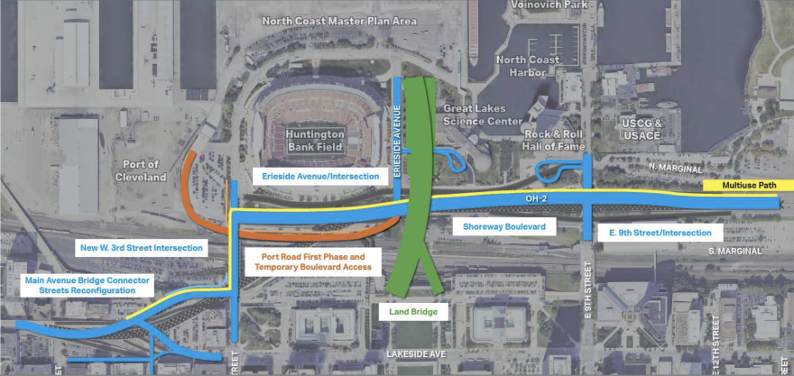 A diagram shows major changes proposed for roadways and other infrastructure as part of Cleveland’s emerging plans for its downtown lakefront.