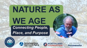 Advertisement for "Nature As We Age"; small circular photo of a man with flowers, hazy background photo looking upward at pine trees