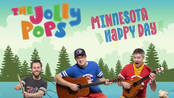 Three men with instruments against an illustrated background of a dock, lake, and trees