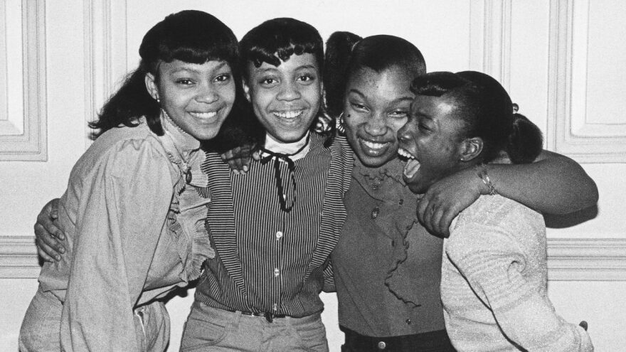 L-R: Delores Brown Finlayson, De'Shone Adams Goodson, Robin Oakes Watterson, and Adrienne "Nikki" Adams Howell. The Fantastic Four in London, 1982. © Janette Beckman