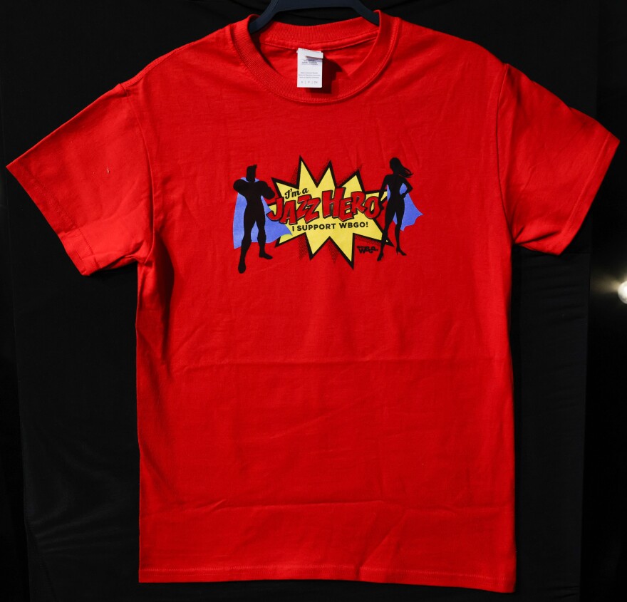 WBGO Red Jazz Hero T Shirt Gildan, 100% Cotton, Unisex Sizes S, M VERY LIMITED QUANTITIES! Member Cost $25 Non-Member Cost $35