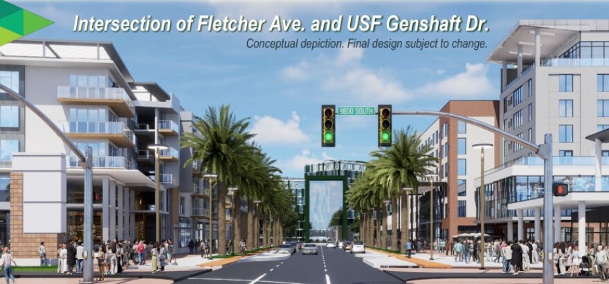 Illustration depicting the intersection of Fletcher Avenue and USF Genshaft Drive stating that it's a conceptual design subject to change. The image shows an asphalt gray street with white lanes, a green stoplight, on either side of it are four-story buildings with pedestrians around the buildings with a backdrop of a blue sky.