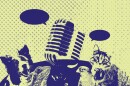 A microphone surrounded by different kinds of pets and 2 speech bubbles.