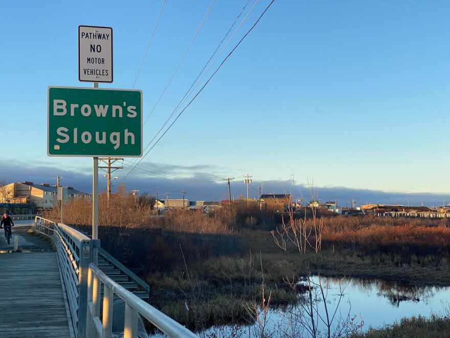 The Brown's Slough Bridge in Bethel at sunset. October 18, 2022. (Claire Stremple/KYUK)