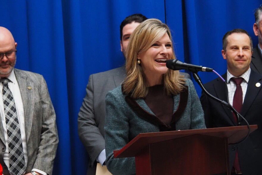 Indiana Comptroller Elise Nieshalla speaks at a national debt news conference at the Statehouse on Monday, Feb. 16, 2026.