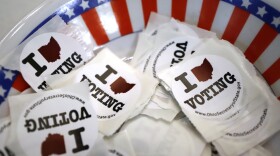 Voting stickers are seen at a polling place Sunday in Steubenville, Ohio.