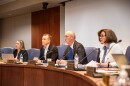 Members of the Kansas Board of Regents, along with KBOR President and CEO Blake Flanders (second from right), participate in a board meeting on May 20. Left to right: Board member Diana Mendoza, board chair Blake Benson, Flanders, and board member Kathy Wolfe Moore. 