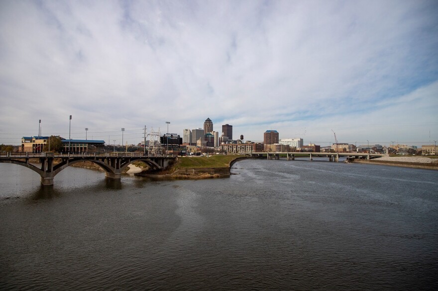 The Des Moines and Raccoon Rivers converge in downtown Des Moines.