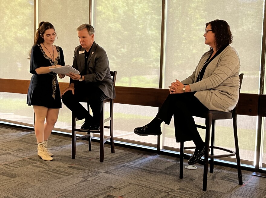 SOU sophomore Tyler Penney shows President Rick Bailey and Provost Casey Shillam her suggestions for restructuring the university's academic programs. Shown June 3, 2026.