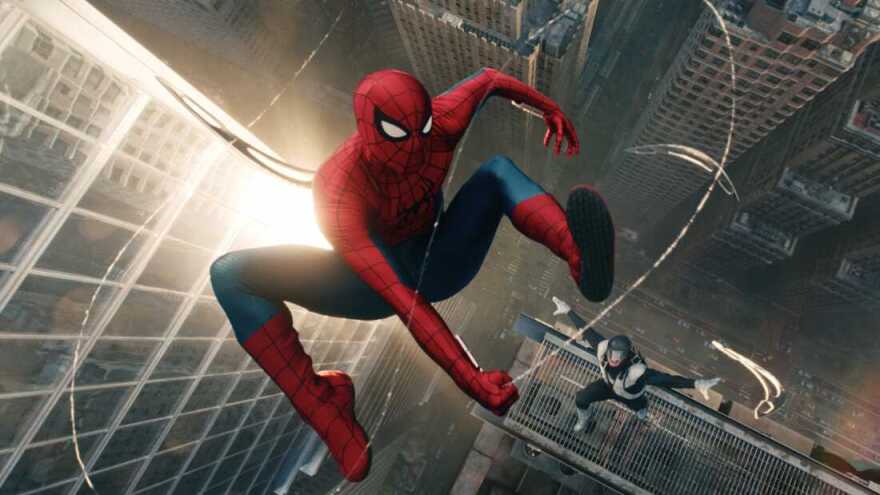Tom Holland as Spider-Man, with Boomerang in Spider-Man: Brand New Day.