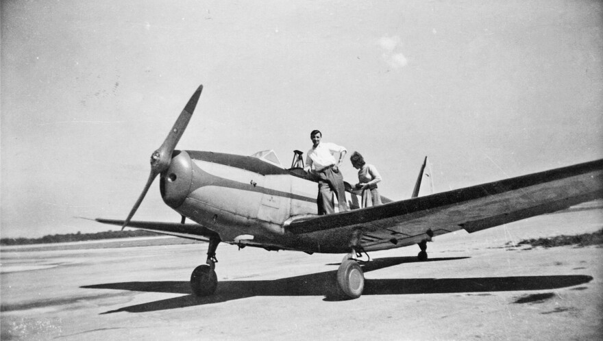 Oates' parents, Fred and Carolina, on the wing of a plane in Swormville, N.Y., in the 1940s.