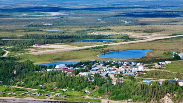 An aerial view of Shungnak in the summertime.