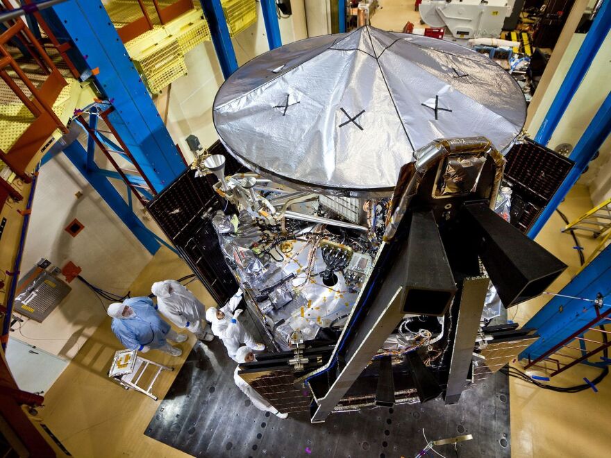 Two star trackers look a little like loudspeakers on the side of Juno. They are actually cameras used to find the position of the spacecraft's magnetometer.