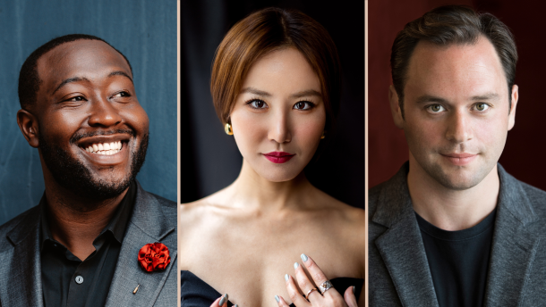 A collage of the three soloists. Nicholas Newton smiles widely in a navy and gray suit. A red flower is pinned to his lapel. Hera Hyesang Park wears a sleeveless black dress and smizes at the camera. She wears small gold hoops and red lipstick. Paul Appleby wears a a black t-shirt under a gray blazer, standing in front of a maroon backdrop. He stares down the camera and smiles softly.