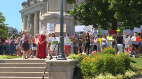 People gathered downtown at the Monroe County Courthouse Monday.