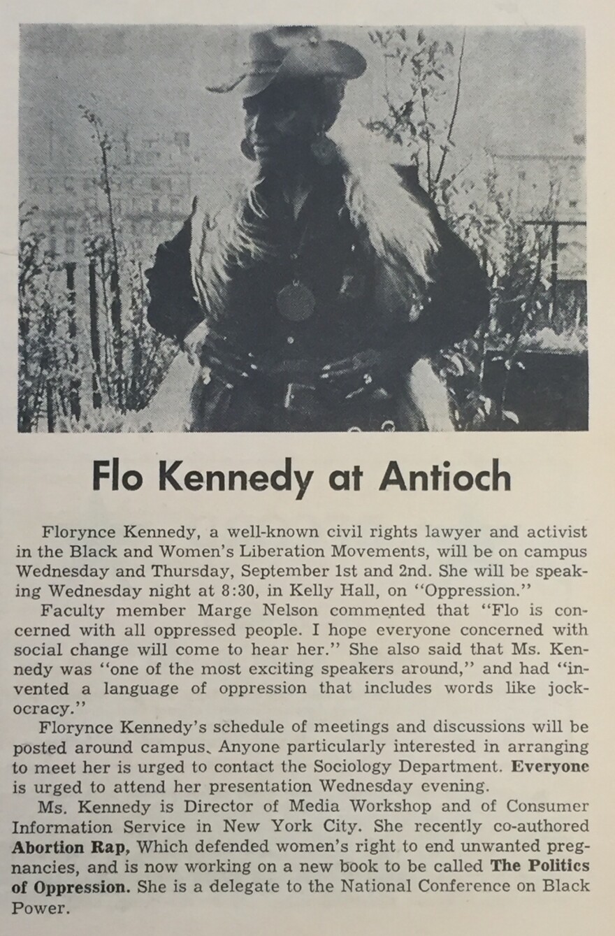 An Antioch Record article about Florynce Kennedy's appearance at the College