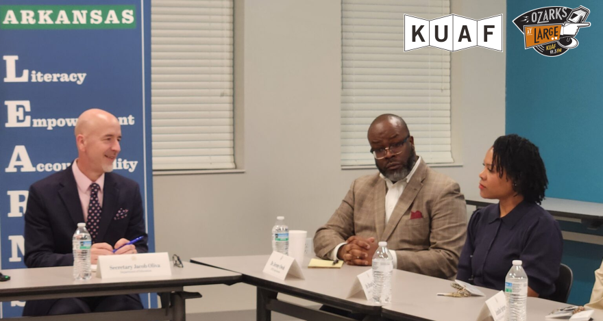 From left: Arkansas Education Secretary Jacob Oliva, Jacksonville North Pulaski School District Superintendent Joseph Owoh and Murrell Taylor Elementary School Principal Brandy Howell discuss how the LEARNS Act of 2023 helped the school improve its student outcomes on March 9, 2026.