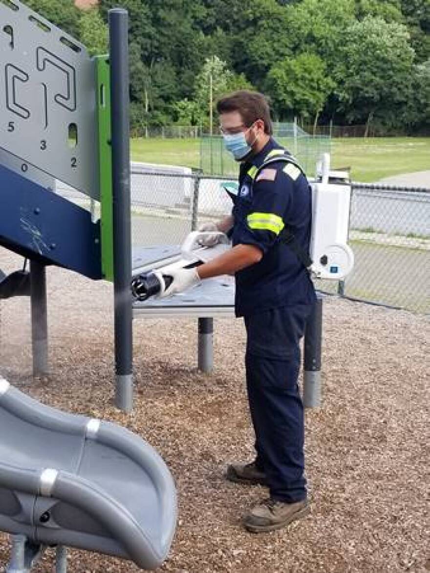 Yonkers Parks employee disinfects local playground with Professional Electrostatic Backpack Sprayer