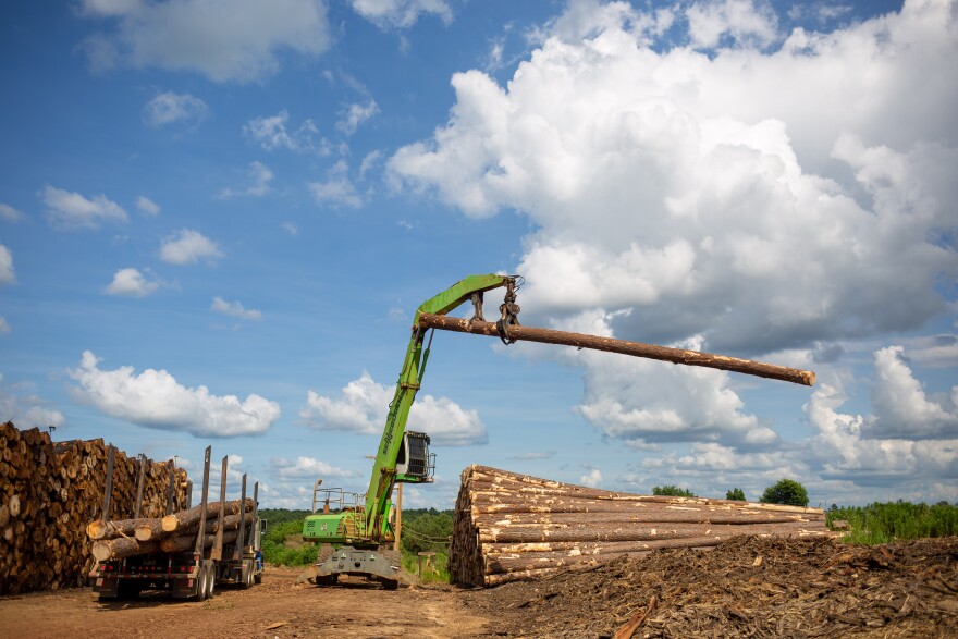 Large green crane moving an unprocessed log from a truck to a pile.