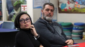 Sen. Löki Tobin (left) and Sen. Mike Cronk (right) meet with Kenai Peninsula Borough School District officials on Tuesday, Nov. 11, 2025 in Kenai, Alaska.