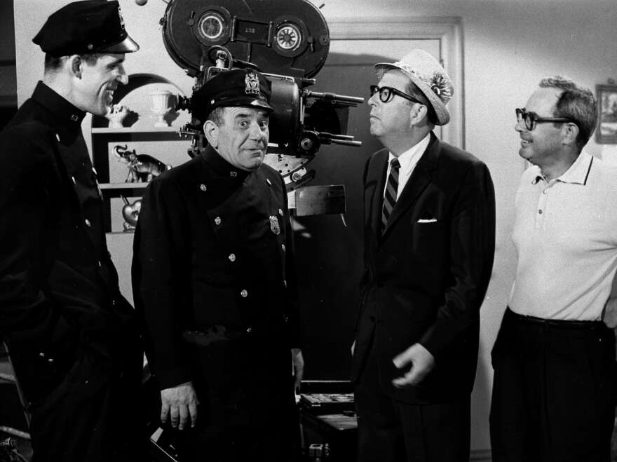 From left, Gwynne and Ross kibbitz with Phil Silvers of <em>Sgt. Bilko</em> and Nat Hiken, who created both classic TV comedies.