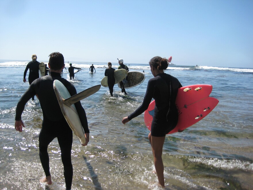 Surfers walk in the low tide waters at Pleasure Point.