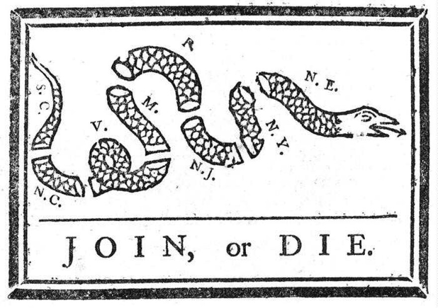 “Join or Die,” by Benjamin Franklin, Pennsylvania Gazette (Philadelphia, PA), May 9, 1754.