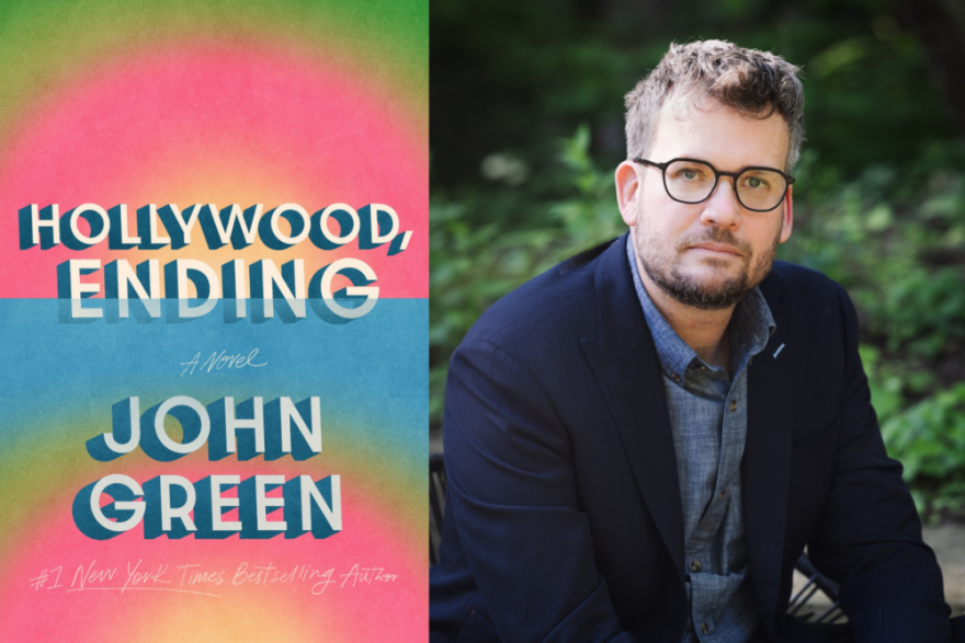 The cover of "Hollywood Ending" and author John Green. (Courtesy of Penguin Random House and Marina Waters) 