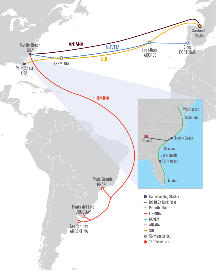 Planned and current subsea cable landings at DC Blox’s Myrtle Beach and Palm Coast facilities, with Google’s Sol indicated in yellow. (Courtesy DC Blox)