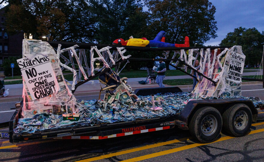 The State News has a Spider-Man themed float in the Michigan State University Homecoming Parade in East Lansing, Mich., on Oct. 9, 2026.