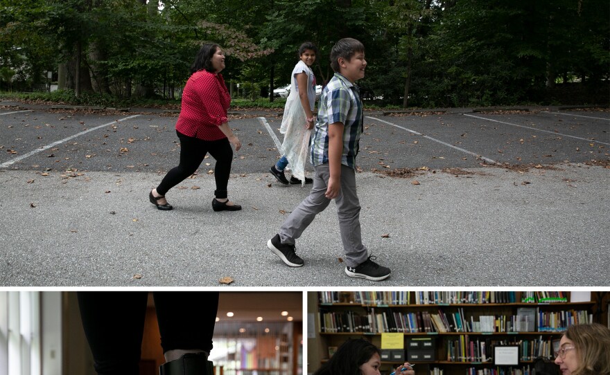 Top: Rosa goes for a walk with her children. Bottom left: U.S. Immigration and Customs Enforcement put a monitor on Rosa's ankle to keep her locations. She has been wearing the monitor for more than two years. Bottom right: Rosa has English classes with sanctuary volunteer, Gail, three times a week and planning to take it every day.