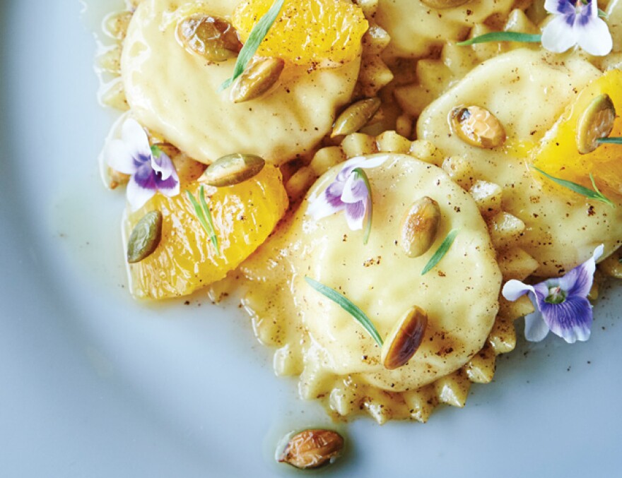 One of Sardella's dishes, a miso-ricotta ravioli with orange, pepitas, brown butter and tarragon.