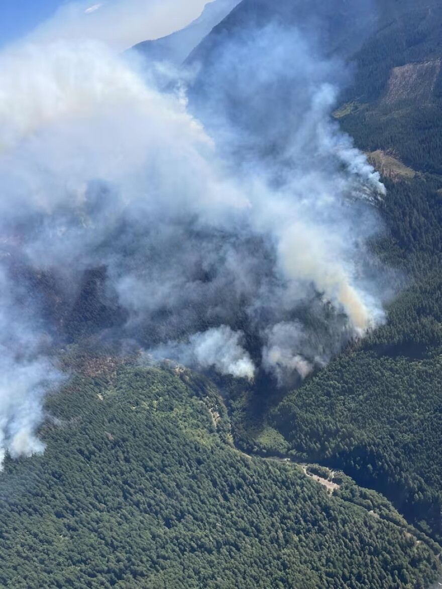 Aerial view of the Austin Fire in Mt. Hood National Forest on Aug. 23, 2026.