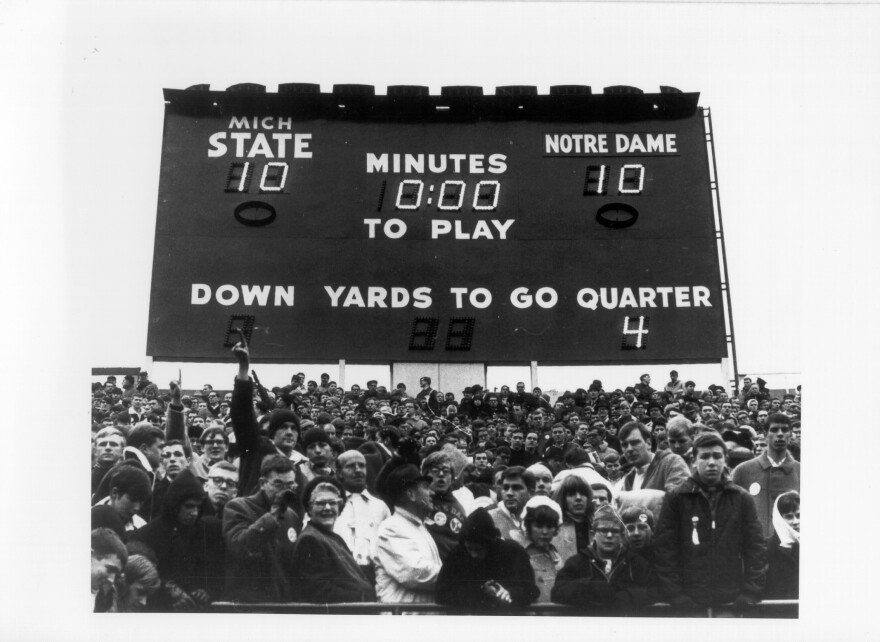 This is a photo of the scoreboard at the end of the MSU - Notre Dame football game on Nov. 19, 1966