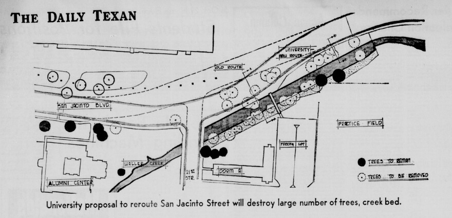 A map of part of the UT campus near Memorial Stadium showing where San Jacinto Boulevard would be moved and several dozen trees removed.