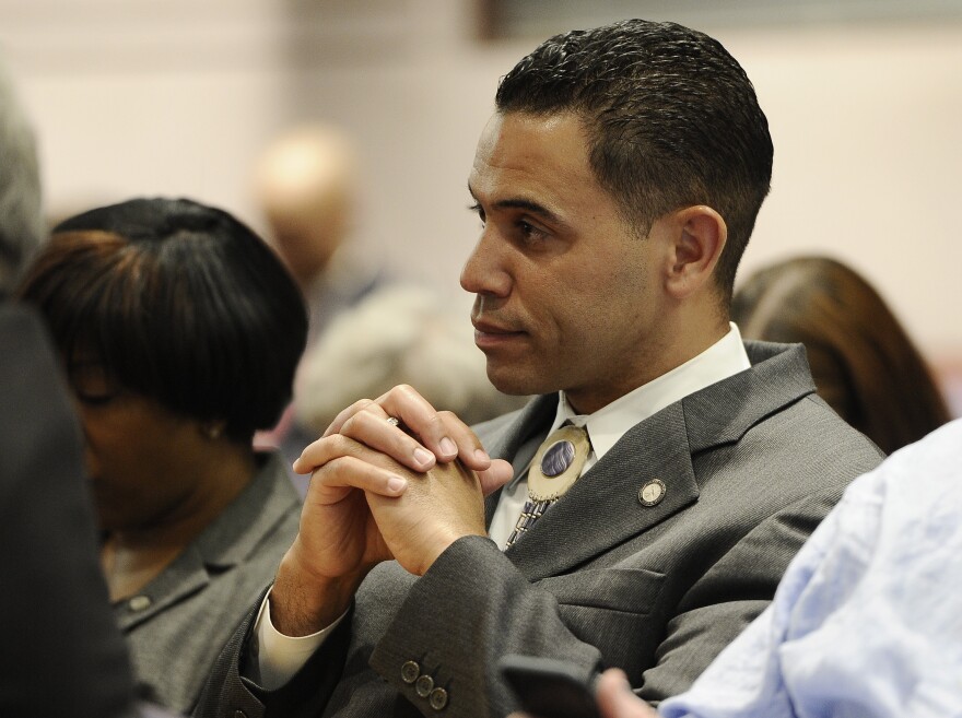 Rodney Butler, chairman of the Mashantucket Pequot Tribal Nation, listens during a hearing at the Legislative Office Building, Tuesday, March 17, 2015, in Hartford, Conn.