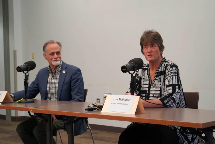 Peter Micciche and Lisa McDonald participate in a candidate forum hosted by KDLL 91.9 FM at the Soldotna Public Library in Soldotna, Alaska, on Thursday, Oct. 15, 2026.