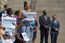 Democratic gubernatorial nominee state Rep. Jermaine Johnson stands next to his lieutenant governor running mate choice, Sam Skardon. Johnson announced the pick Thursday morning outside of the Statehouse in Columbia.