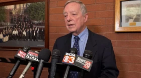U.S. Sen. Dick Durbin speaks to reporters in Springfield on Thursday, Nov. 13, 2025.