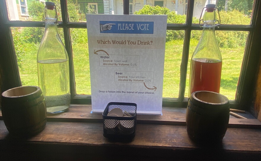 A display at the Deerfield exhibit "Brewing Massachusetts" explains that, in colonial times, beer was often safer to drink than water.