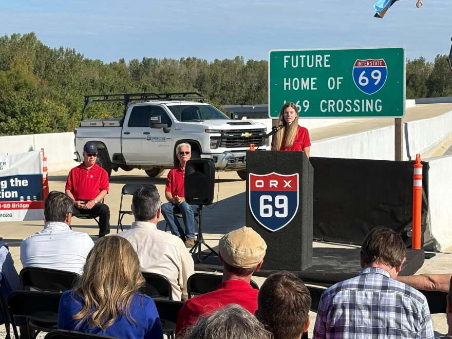 INDOT Commissioner Lyndsay Quist speaks during a news conference in Evansville, Sept. 25, 2026