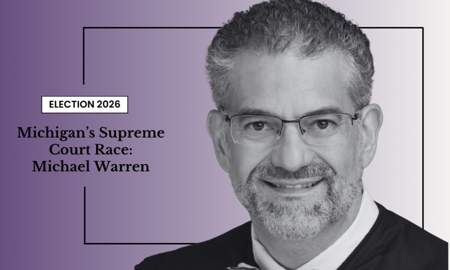Black-and-white portrait of a man in glasses and a suit, with text about Michigan’s 2026 Supreme Court race and the name Michael Warren on a purple gradient background.