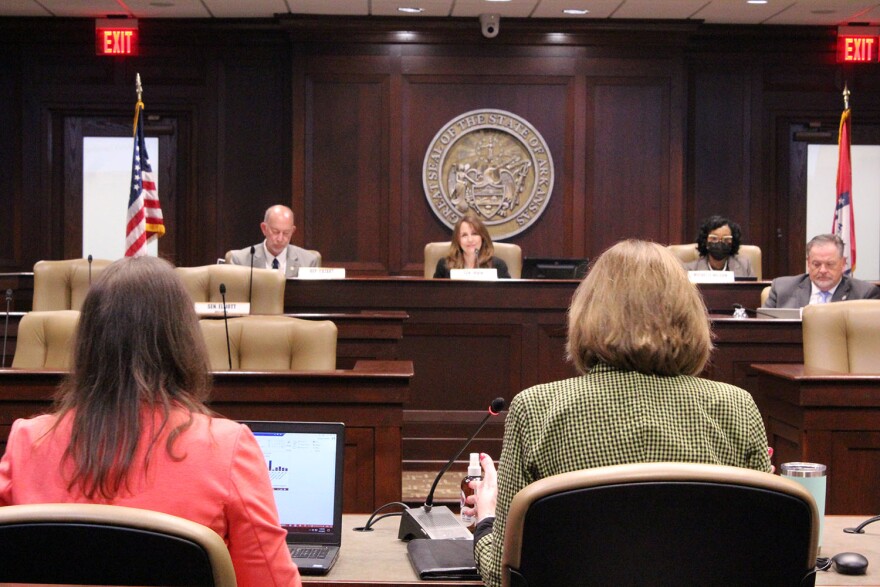 Elizabeth Bynum (left) and Julie Holt, who are both from the Bureau of Legislative Research, presented the Adequacy Study to the joint Arkansas House and Senate Committee on Education on Monday. The study is done to determine whether funding for education in the state is equitable.