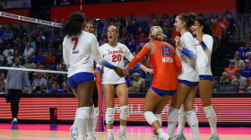 The Florida volleyball team celebrates a point during a match against the Ole Miss Rebels at the O'Connell Center in Gainesville, Fla., Sunday, Oct. 25, 2026. (Reagan Bresnahan/WRUF)
