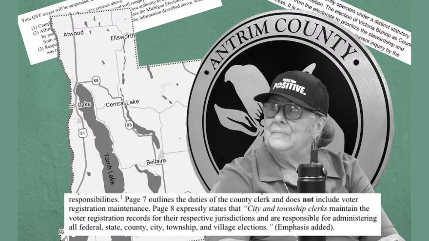 Antrim County Clerk Victoria Bishop set off a firestorm by changing the registration statuses of voters in her county. (Illustration by Elaine Cromie / Votebeat | Images by Hayley Harding / Votebeat, Google Maps and screen grabs)