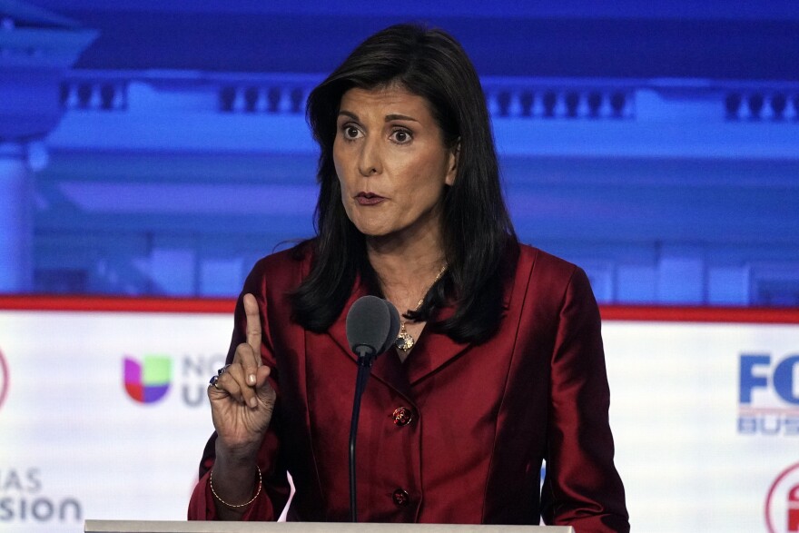 Former U.N. Ambassador Nikki Haley speaks during a Republican presidential primary debate hosted by FOX Business Network and Univision, Wednesday, Sept. 27, 2023, at the Ronald Reagan Presidential Library in Simi Valley, Calif. (AP Photo/Mark J. Terrill)