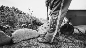 a prisoner shovels dirt in a garden