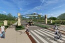 A rendering shows planned upgrades to one of Forest Park's entrances, including a wider pedestrian path and an archway across Lagoon Drive.